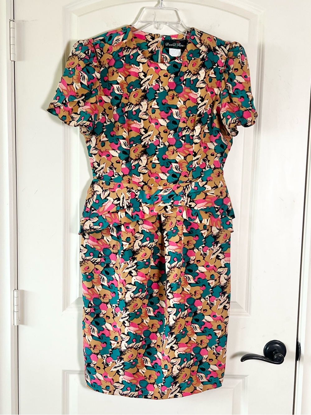 Vintage David Rose 80s Floral Peplum Dress Size 12 Teal Pink Autumn Midi
